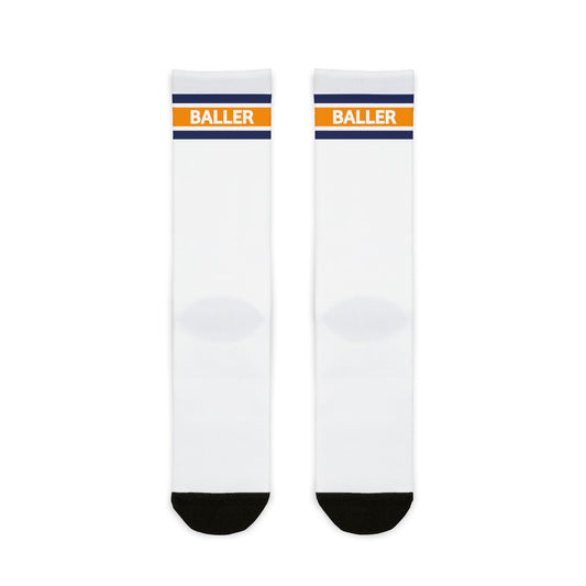 Baller Retro Striped Athletic Crew Socks- Navy + Orange